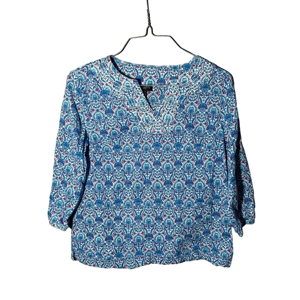 Talbots cotton blue purple Moroccan tunic kaftan top shirt 3/4 sleeve sz small p